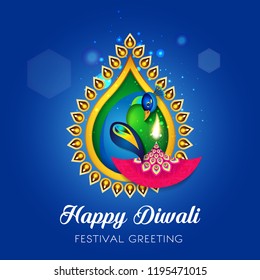 Beautiful greeting card for Hindu community festival Diwali,Diwali festival holiday design with Peacock and oil lamp design.
