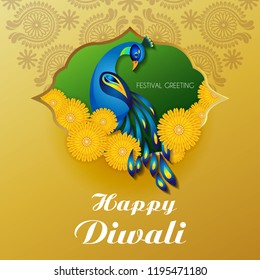 Beautiful greeting card for Hindu community festival Diwali,Diwali festival holiday design with Peacock design
