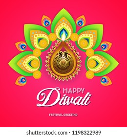 Beautiful greeting card for Hindu community festival Diwali,Diwali festival holiday design with Peacock and oil lamp.
