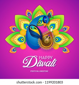 Beautiful greeting card for Hindu community festival Diwali,Diwali festival holiday design with Peacock and oil lamp design.
