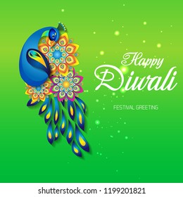 Beautiful greeting card for Hindu community festival Diwali,Diwali festival holiday design with Peacock and oil lamp design.
