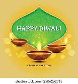 Beautiful greeting card for Hindu community festival Diwali, Happy Diwali - traditional Indian festival colorful background with 3D oil lamp.