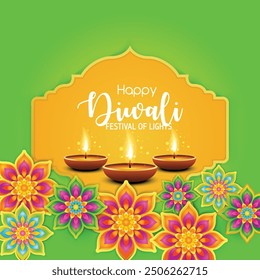 Hermosa tarjeta de felicitación para el festival comunitario hindú Diwali, Happy Diwali - fondo colorido tradicional del festival indio con la lámpara de aceite 3D.