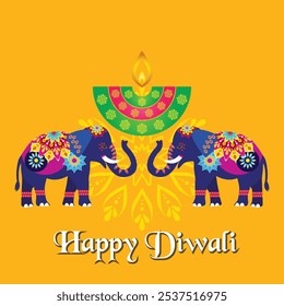 Beautiful greeting card for Hindu community festival Diwali, Diwali festival holiday design, Diwali celebration greeting card with elephant and Diya design.