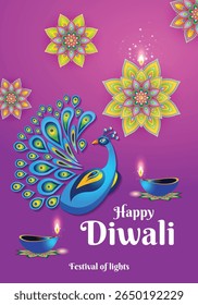 Beautiful greeting card for Hindu community festival Diwali, Diwali festival holiday design with Peacock and oil lamp design. 
