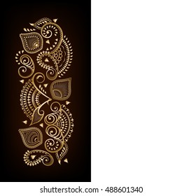Beautiful greeting card with Hindu ornament. Vintage golden ornament on a dark background and place for congratulations to the celebration, the holiday on a white background.
