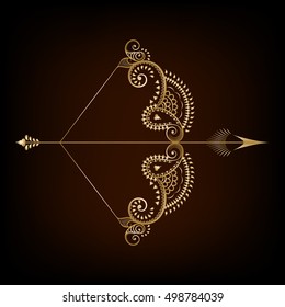 Beautiful greeting card with Hindu ornamental bow and arrow. Vintage golden national ornament. Happy diwali festival illustration