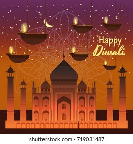 Beautiful greeting card for holiday diwali with burning hanging diy, background Taj Mahal, night, cartoon style, vector, illustration