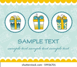 Beautiful greeting card with the image of gift boxes in blue and yellow colors. Vector illustration of a decorative style