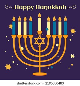 A beautiful greeting card with the inscription "Happy Hanukkah". Holiday poster. Traditional candelabra and burning candles in it. Vector vintage illustration.