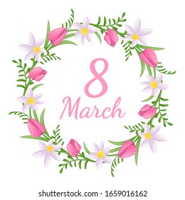 Beautiful greeting card with International women's day. Happy 8 March. The card shows spring flowers and the inscription 8 March. Great for poster, greeting card, invitation. Vector illustration.