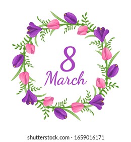 Beautiful greeting card with International women's day. Happy 8 March. The card shows spring flowers and the inscription 8 March. Great for poster, greeting card, invitation. Vector illustration.