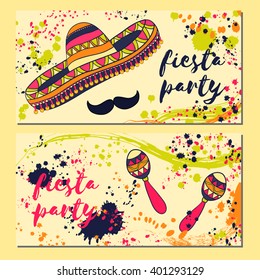 Beautiful greeting card, invitation for fiesta festival. Design concept for Mexican Cinco de Mayo holiday with maracas, sombrero, mustache and colorful splashes in watercolor style.Vector illustration