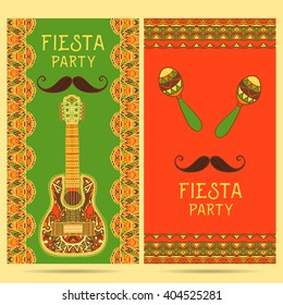 Beautiful greeting card, invitation for fiesta festival. Design concept for Mexican Cinco de Mayo holiday with maracas, guitar and ornate border. Colorful hand drawn vector illustration