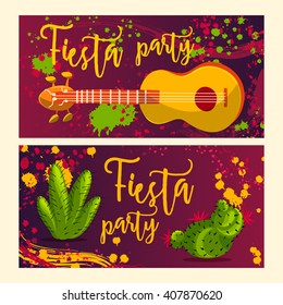 Beautiful greeting card, invitation for fiesta festival. Design concept for Mexican Cinco de Mayo holiday with guitar, cactuses and colorful splashes in watercolor style.Vector illustration