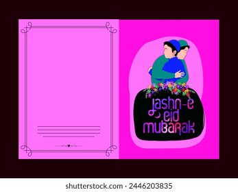 Beautiful Greeting Card with Islamic People hugging and wishing to each others on occasion of Jashn-E-Eid Mubarak.
