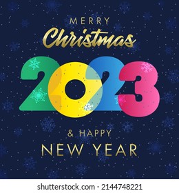 Hermosa tarjeta de saludo Feliz Navidad y Feliz Año Nuevo 2023. Noche de nieve. Felicidades de colores. Plantilla de diseño gráfico abstracto aislada. Víspera de vacaciones decorativas. Afiche de Internet. Forma cuadrada.