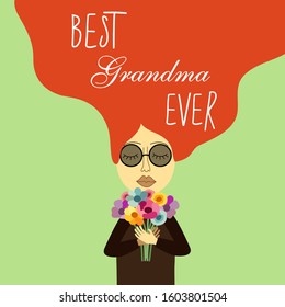 Beautiful greeting card for Mother's Day with cartoon character of mom or grandmom with flowers bouquet in modern flat minimalism style, vector illustration