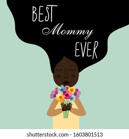 Beautiful greeting card for Mother's Day with cartoon character of mom or grandmom with flowers bouquet in modern flat minimalism style, vector illustration