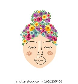 Beautiful greeting card for Mother's Day with cartoon character of mom or grandmom with flowers in modern style, vector illustration