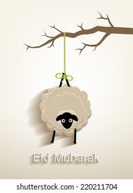 Beautiful greeting card for Muslim community festival of sacrifice , Lamb hanging on a tree branch .festival of sacrifice