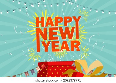 Beautiful Greeting card of New year 2022 with cartoon design, firework, present box and lettering happy New Year with celebrate element, vector illustration