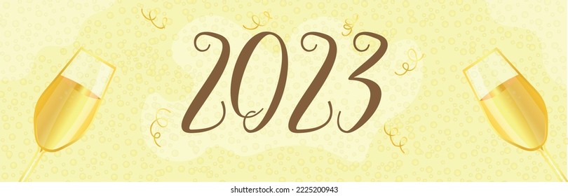 Beautiful greeting card for New Year 2023 with glasses of champa