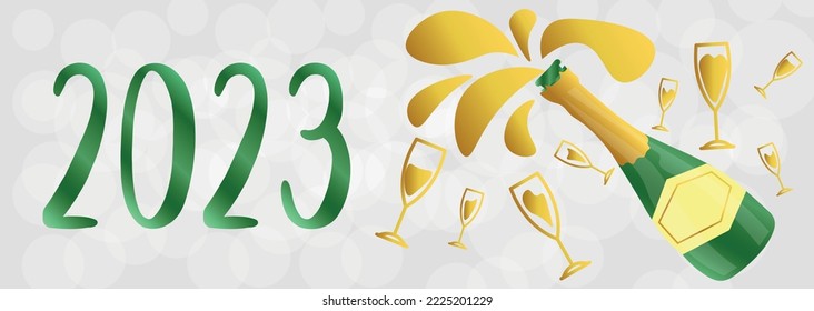 Beautiful greeting card for New Year 2023 with bottle and glasse