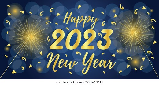 Beautiful greeting card for New Year 2023 with fireworks and con