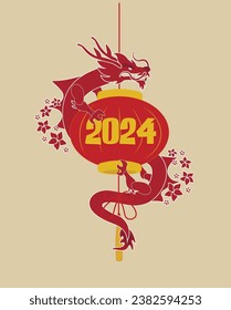 Beautiful greeting card for New Year 2024 with Chinese dragon an