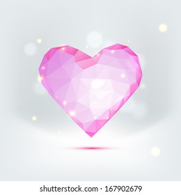 Beautiful greeting card with pink bow, polygonal heart and copy space. Vector illustration. Abstract geometric heart, jewel. Low-poly colorful style. Romantic light design for Valentine's day.
