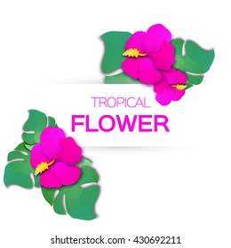 Beautiful greeting card with pink tropical flowers and rectangle frame. Hibiscus and palm leaves. Blossom flowers for invitation card. Exotic floral background. Vector design illustration.