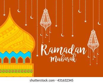 A beautiful greeting card of ramadan mubarak with decorated lamps background.