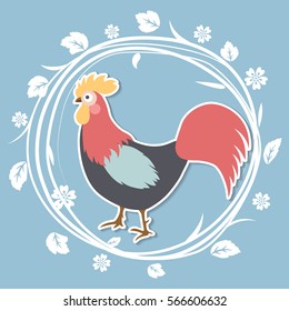 Beautiful greeting card with rooster and a wreath of branches with white flowers on a blue background. Vector illustration.