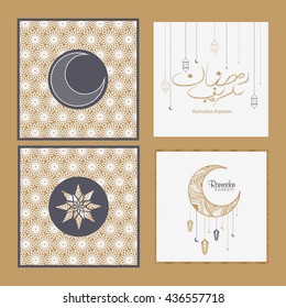 A beautiful greeting card set,of ramadan kareem with decorated urdu calligraphy moon,lamp or tomb. Islamic background.