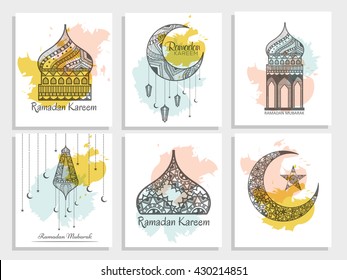 A beautiful greeting card set,poster set of ramadan kareem with decorated moon,lamp or tomb.