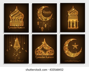 A beautiful greeting card set,poster set of ramadan kareem with decorated urdu calligraphy moon,lamp or tomb. Islamic background.