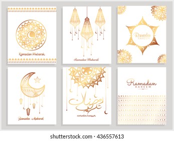 A beautiful greeting card set,poster set of ramadan kareem with decorated urdu calligraphy moon,lamp or tomb. Islamic background.