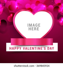 A beautiful greeting card with space for place image on shiny pink background.