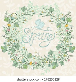 Beautiful greeting card with spring flowers. Bright illustration, can be used as creating card,invitation card for wedding,birthday and other holiday and cute summer background.
