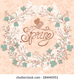 Beautiful greeting card with spring flowers. Bright illustration, can be used as creating card,invitation card for wedding,birthday and other holiday and cute summer background.