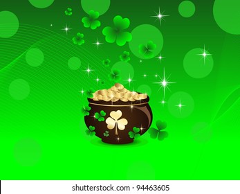 Beautiful greeting card with St. Patrick's Pot full of gold coin and clover on dotted wave background for St. Patrick's Day.