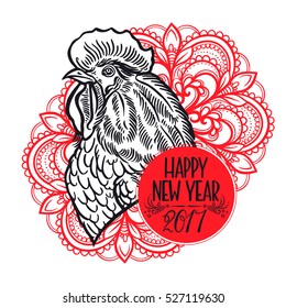 beautiful greeting card with a symbol of 2017. Chinese Year of the Rooster. hand drawn illustration