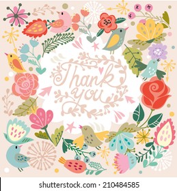 Beautiful greeting card "Thank you". Bright illustration, can be used as creating card,invitation card for wedding,birthday and other holiday and cute summer background.