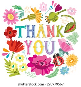 Beautiful greeting card "Thank you". Bright illustration, can be used as greeting card,invitation card for wedding,birthday and other holiday and cute summer background.
