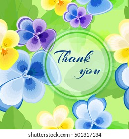 Beautiful greeting card "Thank you!" Vector summer illustration with flowers and blue inscription.Purple,blue and yellow pansies on a light green background.