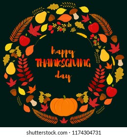 Beautiful greeting card for Thanksgiving. With the image of the gifts of autumn and golden leaves
