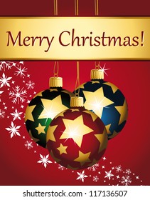 Beautiful greeting card with three starry christmas balls on a red festive  vector background.