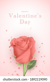Beautiful greeting card for valentine's day. 3D realistic pink rose and hearts on a pink background. Cute love banners or greeting cards. Vector illustration