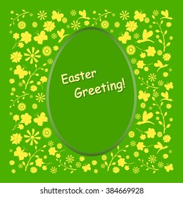  Beautiful greeting card. vector illustration with Easter symbols and lettering.Egg,chick,butterfly,branch of a willow dragonfly.